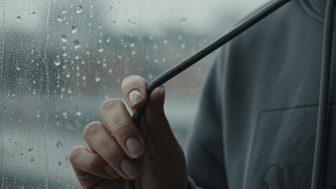 Hand on a hoodie drawcord against rain glass